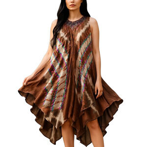 Sante Classics Dress Women's OS One Size Brown Tie Dye Embroidered Festival Boho